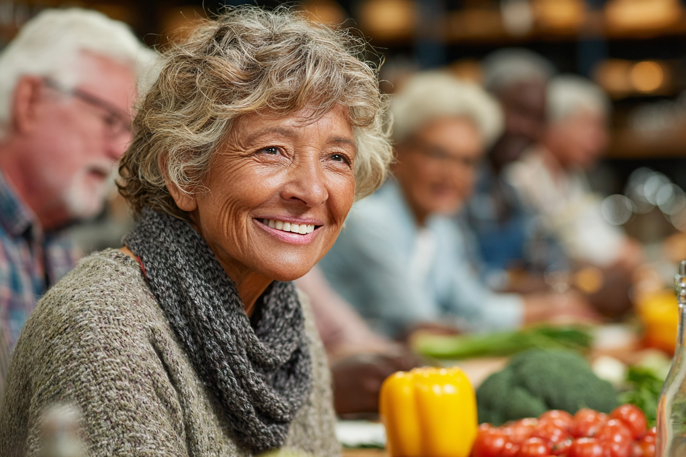 Група активних людей похилого віку на кухні готують здорову їжу разом